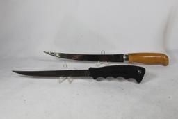 Two sheath knives. One large filet knife from Finland with leather sheath and one large Western