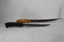 Two sheath knives. One large filet knife from Finland with leather sheath and one large Western