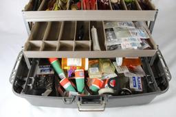 Two toned 3 tray tackle box full of fishing items. Used.