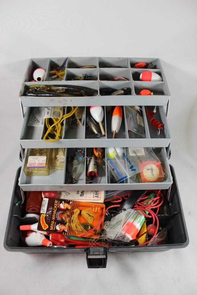 Flambeau 3 tray fishing tackle box with fishing items. Used.