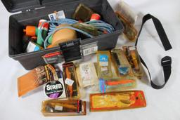 Rubbermaid tackle box with miscellaneous fishing items.