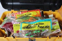 One Plano double sided tackle box with fishing items and one Craftsman tool box full of fishing