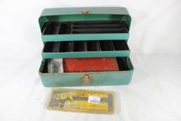 One green metal tool box with tools. 1/4", 3/8 drive socket set, 3/8" deep socket set and dial