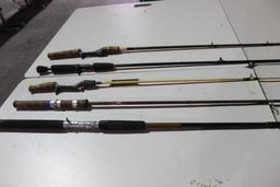 Five freshwater fishing rods. Two spinning rods and three bait casting rods, used. Will not ship,