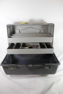 Large two tray fishing tackle box with a few fishing items, Used.