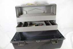 Large two tray fishing tackle box with a few fishing items, Used.