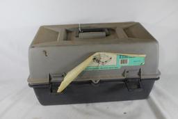 Large two tray fishing tackle box with a few fishing items, Used.