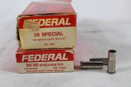 One box of Federal 38 Spl nickel fired brass and one box of Federal 30-30 fired brass.