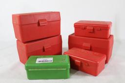 Six plastic ammo boxes. Three small rifle and three pistol. Used.