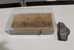 One 13 1/2" x 8 1/2" wood base display case and one small belt clip holster. Used.