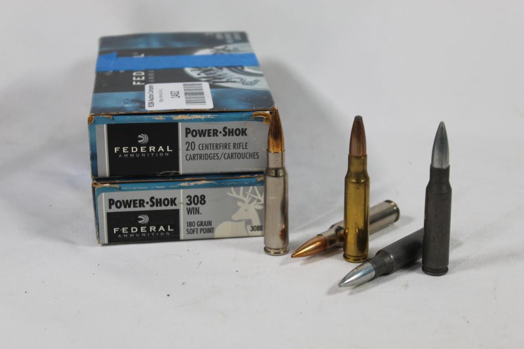 One box, 20 rounds, of Federal .308 Win ammo with 180 gr soft point. Also one box 14 rounds of mixed