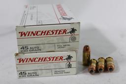 Two boxes of Winchester 45 Auto 230 gr ammo, 100 count