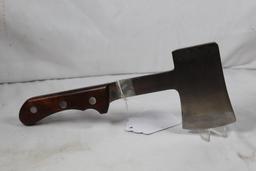 Small hatchet with leather sheath. Wood handle. In good condition.