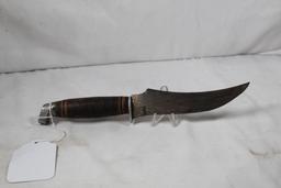 Sheath knife with 5 inch blade. All markings have been ground off. Leather sheath. Rough condition.