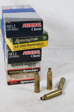 Five boxes of 22-250 fired brass. Count, 100 +/-.