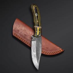 Damascus Hunting Knife - Fixed Blade with 4 1/2" blade and leather sheath, new in box