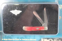 Case Red Bone Mini-Trapper with 2.75 inch blades in plastic display case. Comes in collector tin.