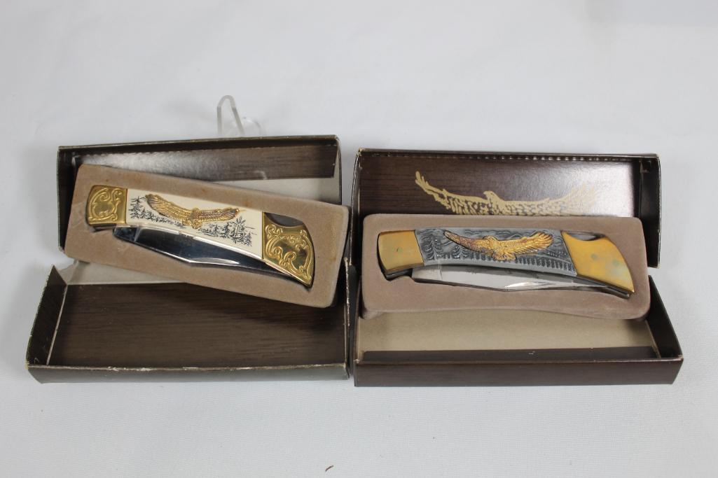 Two knives. Both single blade lockback folders with 3.25 inch blades. Brass and synthetic handles