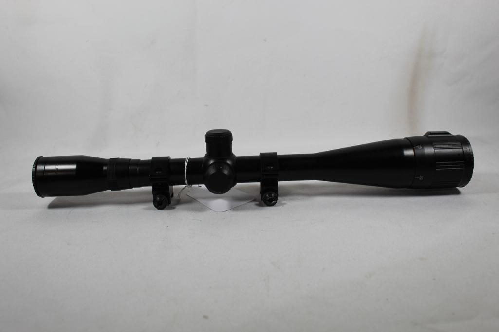 BSA Contender 24x40 duplex rifle scope with rail mount rings and screw-in scope covers. Like new.