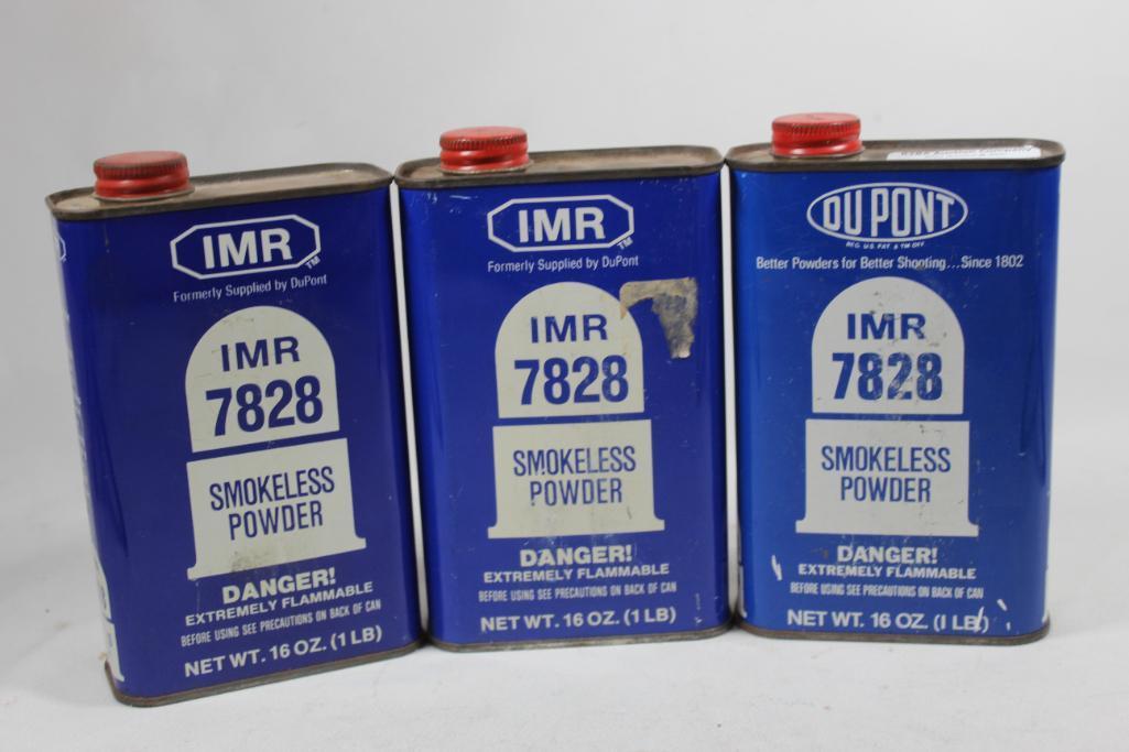 Three cans of IMR 7828 reloading powder. One partial and two unopened. Will not ship, pick-up only.