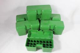 Six green small magnum rifle cartridge MTM 22 round ammo boxes.