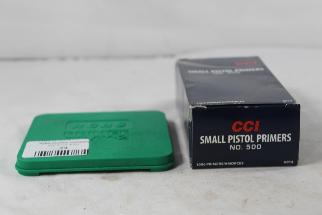 RCBS primer tray and one partial box of CCI small pistol primers, count 700.