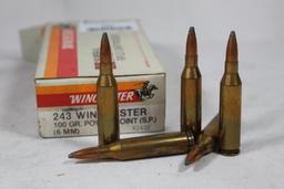 One partial box of Winchester 243 Win 100 gr PSP. Count 15 and 5 fired cases.
