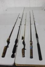 Five freshwater fishing rods. Two spinning rods and three bait casting rods, used. Will not ship,
