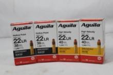 Four boxes of Aguila 22 LR. Two 38 gr JHP and twp 40 gr Jacket solid point. New, count 200.