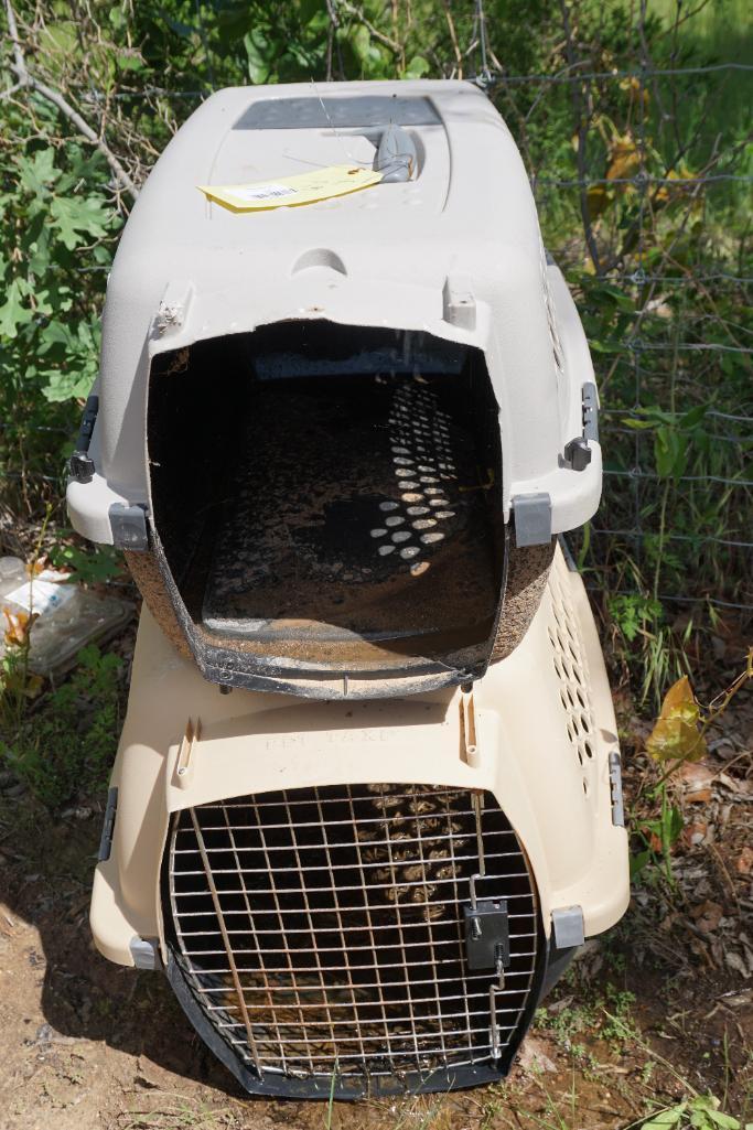 Two plastic pet carriers, one large and one med