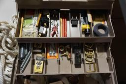 One Woodsman 3 tray tackle box with miscellaneous items, and one heavy nylon rope.