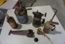 Antique oil cans, gas blow torch, etc.