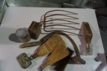 Miscellaneous farm items, old alternator for Model A, brushes, etc.