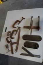 Two old vulcanizing tire repair molds, assorted C-clamps, etc.