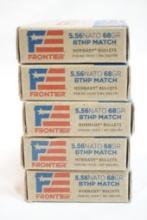 Five boxes of Frontier 5.56 Nato 68 gr BTHP match, 100 count total