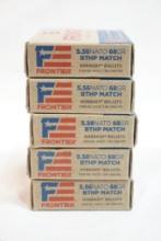 Five boxes of Frontier 5.56 Nato 68 gr BTHP match, 100 count total