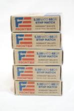 Five boxes of Frontier 5.56 Nato 68 gr BTHP match, 100 count total