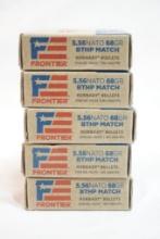 Five boxes of Frontier 5.56 Nato 68 gr BTHP match, 100 count total