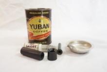 Can containing two Remington 20 ga chokes, one full and one modified and other reloading components