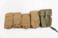 Five military canvas magazine pouches, 4 small and one larger