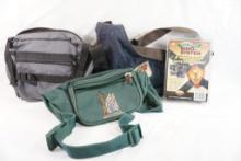 Three used hunting/fishing fanny packs and a Slide and Flex Bino-system new in box