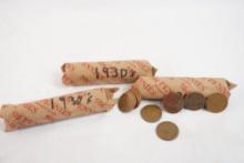 Three rolls of 1930's Lincoln Wheat Pennies in circulated condition