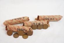 Four rolls of 1940's Lincoln Wheat pennies, in circulated condition