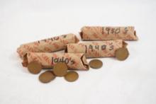 Three rolls of 1940's and 1 roll of 1950's Lincoln Wheat pennies, in circulated condition