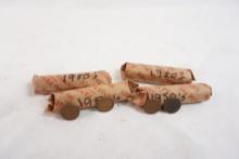 Four rolls of 1950's Lincoln Wheat pennies, in circulated condition