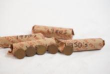 Four rolls of 1950's Lincoln Wheat pennies, in circulated condition