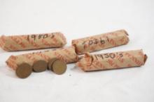Four rolls of 1950's Lincoln Wheat pennies, in circulated condition