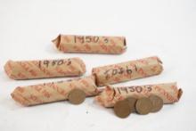 Five rolls of 1950's Lincoln Wheat pennies, in circulated condition