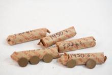 Five rolls of 1950's Lincoln Wheat pennies, in circulated condition