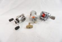 Three Abu Garcia Ambassadeur baitcasting reels, one pro max 6600W, one 3600C and one 4600C4 Mag